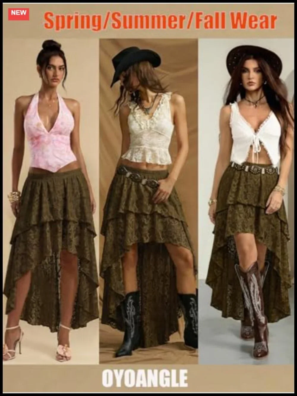 Y2K Lace Ruffle Asymmetrical Maxi Skirt for Festival